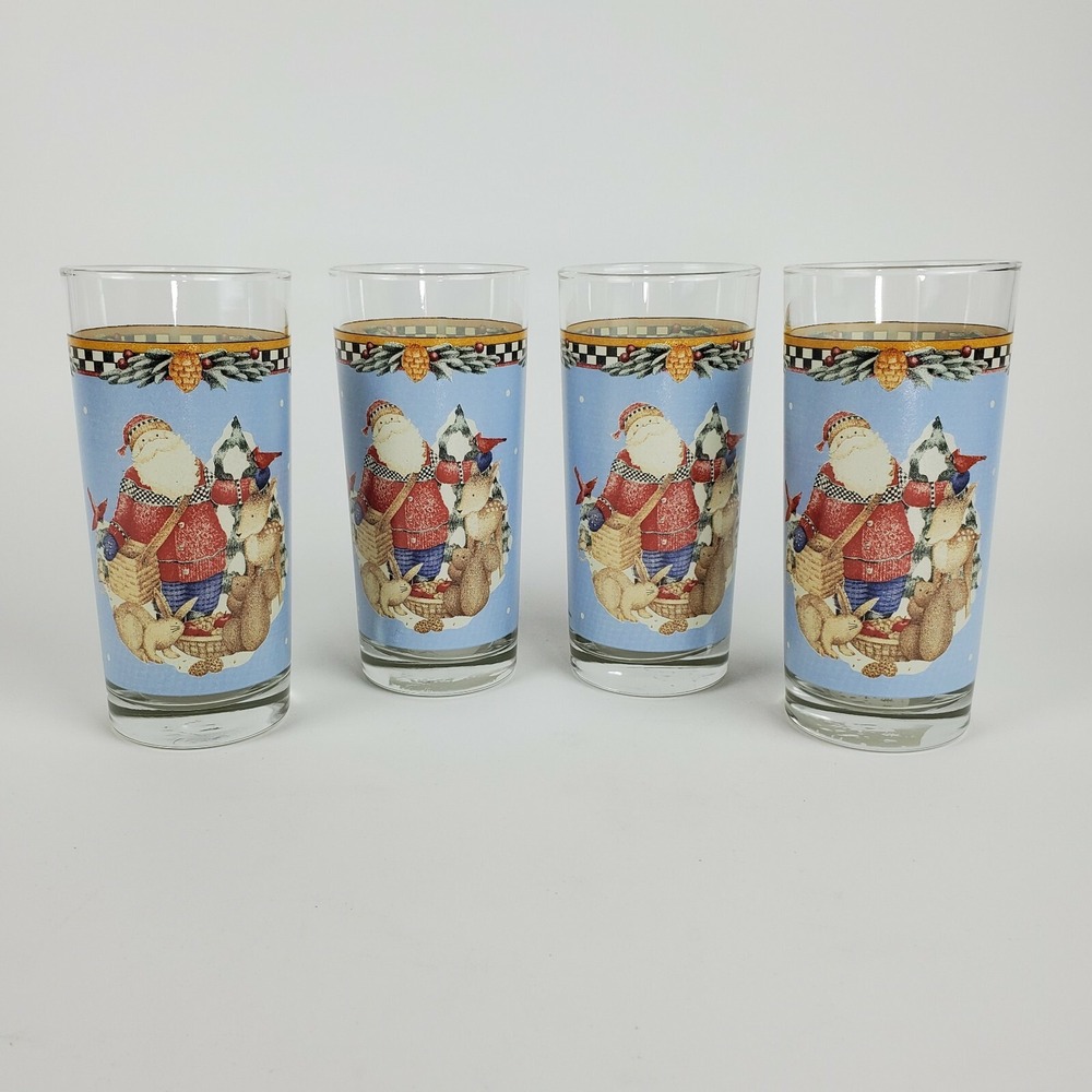 4 Vintage Debbie Mumm Christmas Santa Reindeer Glass Tumblers Anchor Hocking USA